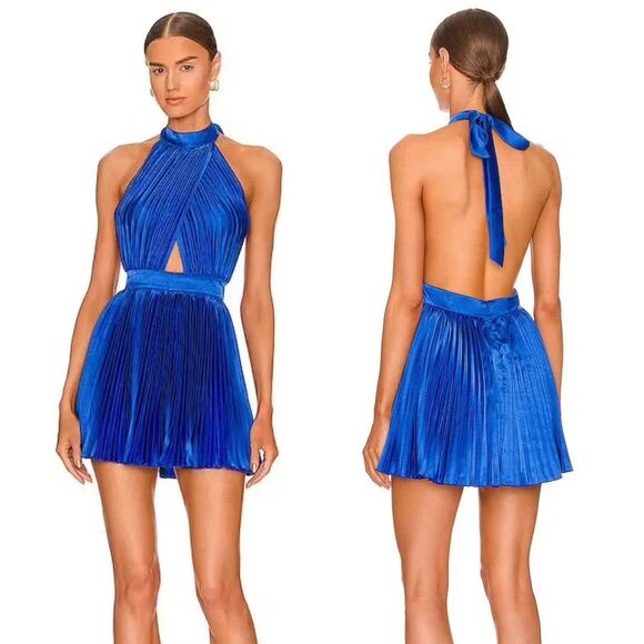 L’idee Dresses & Skirts - L’IDEE Renaissance Moroccan Blue Pleated Satin‎ Crisscross Halter Mini Dress NWT